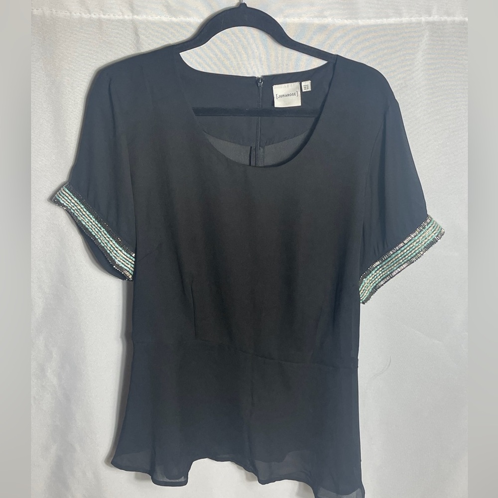 Junarose Black Sheer Peplum Dress Beaded Sleeve Trim EU 46 US 16